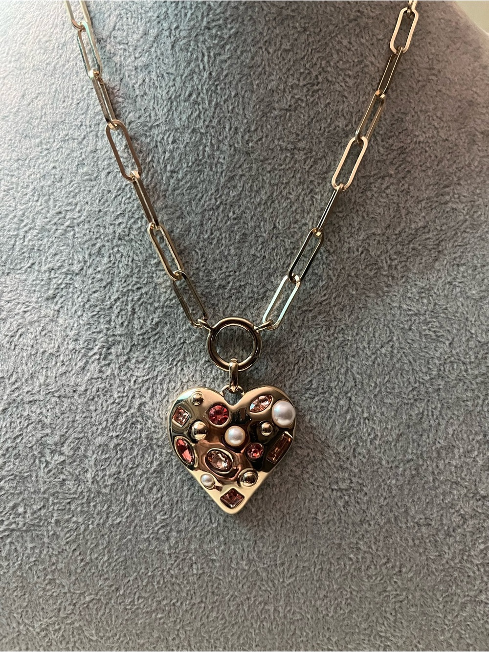 NEW Gold Heart Pendant Necklace with Pink Crystal and Pearl Accents